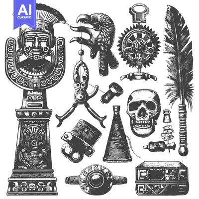 Premium design asset: Collection of Ancient Aztec and Mayan Style Symbols and Objects
