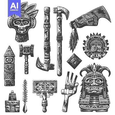 Aset desain premium: Collection of Ancient Aztec and Mayan Tribal Artifacts and Weapons