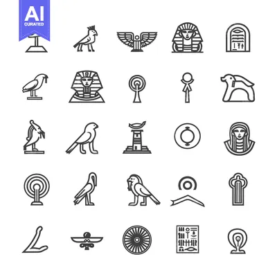 Aset desain premium: Collection of Ancient Egyptian Symbols and Hieroglyphs in Line Art Sty