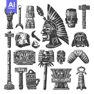 Aset premium populer: Collection of Ancient Mayan Artifacts and Religious Symbols