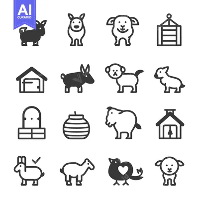 Aset premium populer: Collection of Animal and Farm Icons in Black and White