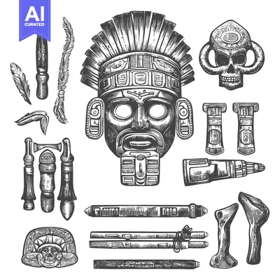 Aset desain premium: Collection of Aztec and Mayan Carved Artifacts