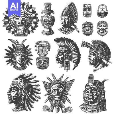 Aset desain premium: Collection of Aztec and Mayan Masks and Faces