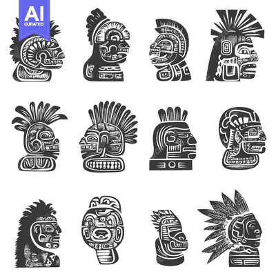 Popular premium asset: Collection of Aztec-Inspired Head Designs in Black and White