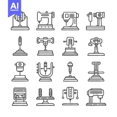Collection of Industrial Machines and Equipment in Outline Style.