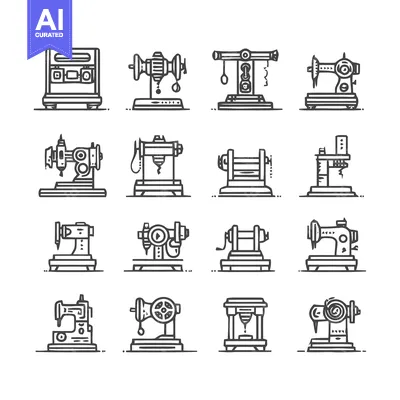 Aset premium populer: Collection of various sewing machine illustrations in black and white.