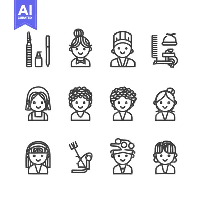 Aset desain premium: Diverse Icon Set - Professions, Tools, and People in Outlines.