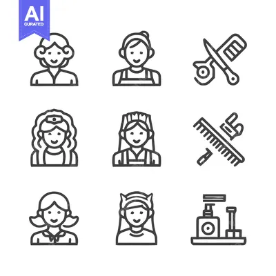 Aset desain premium: Icons of various professions and beauty related items.