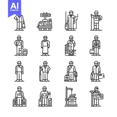 Aset desain premium: Diverse Line Art Illustrations of Various Professions and Workers.