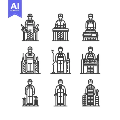 Workers in various industries and professions in line art style.