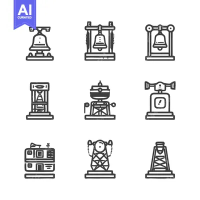 Aset desain premium: Collection of Various Bell and Tower Icons in Minimalist Style.