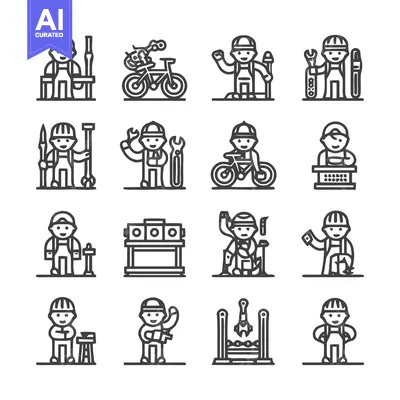 Popular premium asset: Collection of various mechanic and worker icons in outline style.