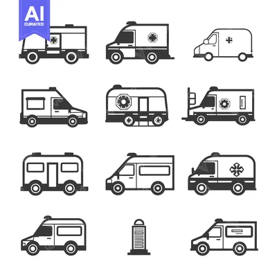 Aset desain premium: Collection of Black and White Ambulance Vehicle Icons