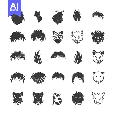 Aset premium populer: Collection of Black and White Animal Head Silhouettes and Furry Shapes