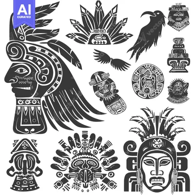 Aset desain premium: Collection of Black and White Aztec-Inspired Design Elements
