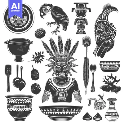 Aset desain premium: Collection of Black and White Aztec-Inspired Illustrations