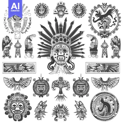 Aset desain premium: Collection of Black and White Aztec Inspired Tribal Art Designs