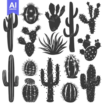 Aset desain premium: Collection of Black and White Cactus Silhouettes