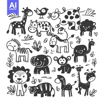Aset desain premium: Collection of Black and White Cartoon Animal Illustrations