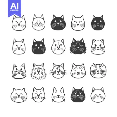 Aset premium populer: Collection of Black and White Cat Faces in Various Expressions