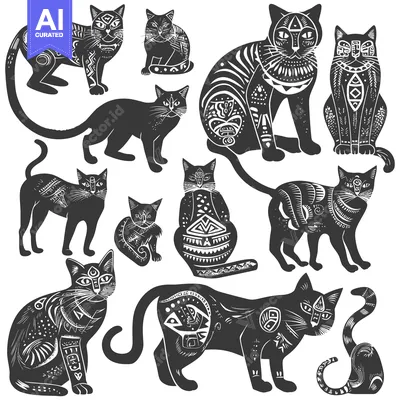 Aset desain premium: Collection of Black and White Cats with Tribal Patterns