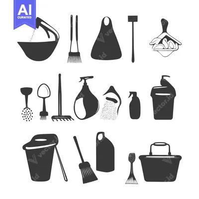 Collection of Black and White Cleaning Supplies Icons