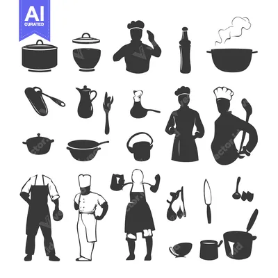 Aset premium populer: Collection of Black and White Cooking Icons with Chefs