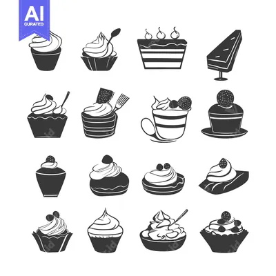 Aset desain premium: Collection of Black and White Cupcake and Cake Icons
