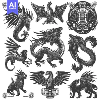 Aset desain premium: Collection of Black and White Dragon and Griffin Illustrations