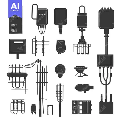 Aset desain premium: Collection of Black and White Electrical Equipment Silhouettes