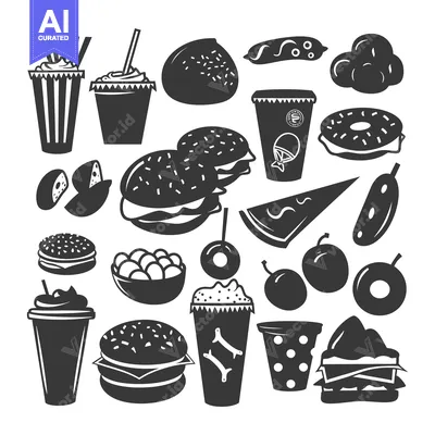 Collection of Black and White Fast Food Icons