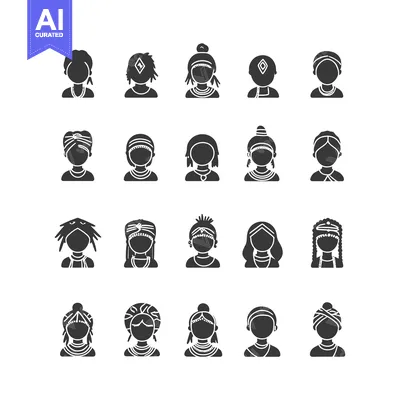 Aset desain premium: Collection of Black and White Female Avatar Icons with Traditional Hai