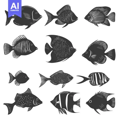 Aset desain premium: Collection of Black and White Fish Silhouettes