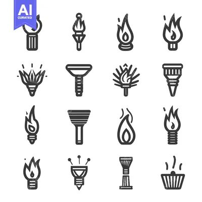 Premium design asset: Collection of  Black and White Flame Icons with Various Bases