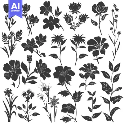 Aset premium populer: Collection of Black and White Floral Silhouettes