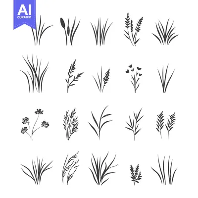 Aset premium populer: Collection of Black and White Grass and Wildflower Silhouettes