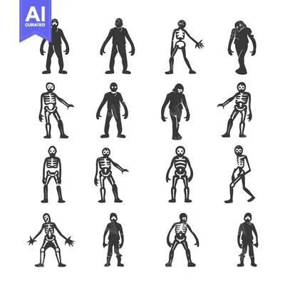 Premium design asset: Collection of Black and White Halloween Skeleton and Ghost Icons