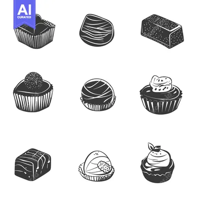 Aset premium populer: Collection of Black and White Hand-Drawn Chocolate Candies and Sweets