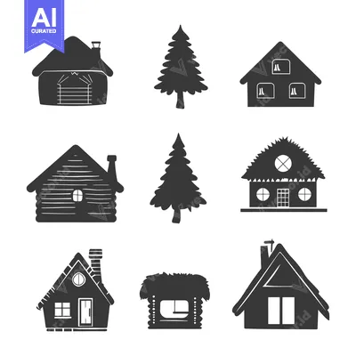 Aset desain premium: Collection of Black and White Hand-Drawn House and Tree Silhouettes