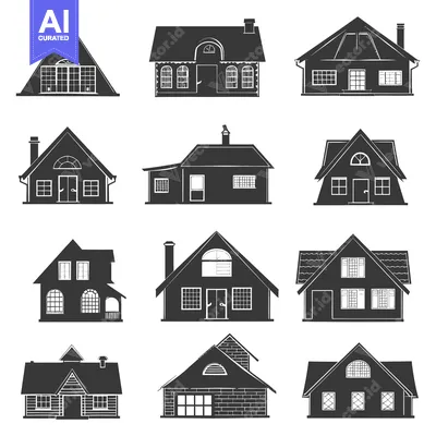 Aset desain premium: Collection of Black and White Hand-Drawn House Silhouettes