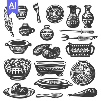 Premium design asset: Collection of Black and White Hand-Drawn Pottery, Food, and Utensils