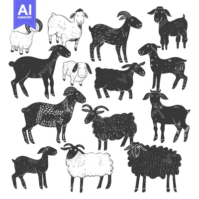 Aset premium populer: Collection of Black and White Hand-Drawn Sheep and Goats