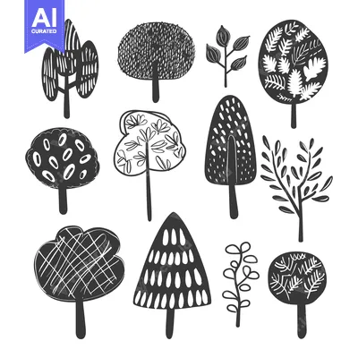Aset premium populer: Collection of Black and White Hand-Drawn Trees and Branches