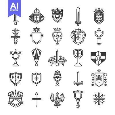 Aset desain premium: Collection of Black and White Heraldic Symbols