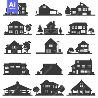 Aset desain premium: Collection of Black and White House Silhouettes with Landscapes