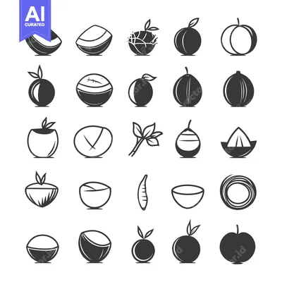Premium design asset: Collection of Black and White Icons Depicting Coconuts and Other Fruit