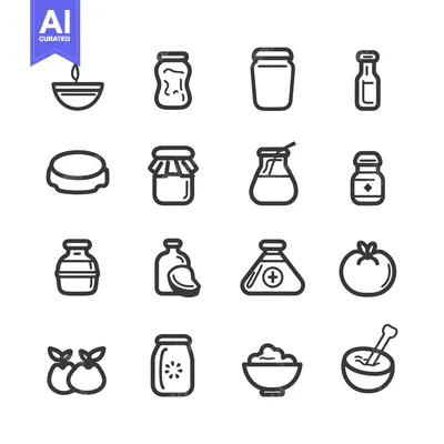 Aset desain premium: Collection of Black and White Icons Representing Jars, Bottles, and Ot