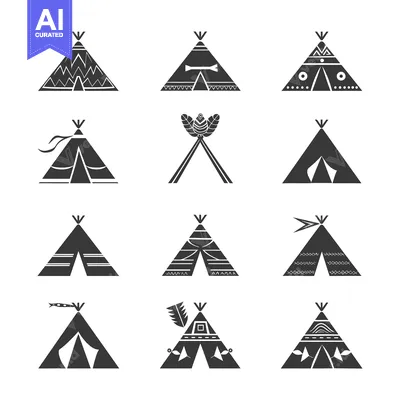 Aset desain premium: Collection of Black and White Illustrated Native American Teepees