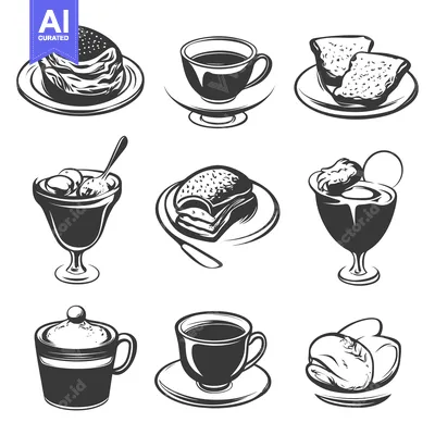 Aset premium populer: Collection of Black and White Illustrations of Breakfast Food and Drin