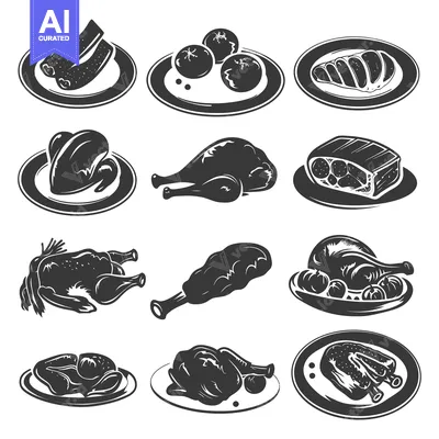 Premium design asset: Collection of Black and White Illustrations of Chicken and Meat Dishes
